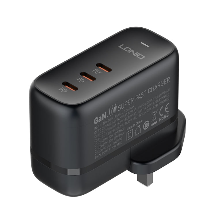 LDNIO Q367 65W GaN 3 x USB-C / Type-C Interface Charger with 1m USB-C / Type-C to USB-C / Type-C Data Cable, Plug Type:UK Plug(Black) - free shipping - PMC Jewellery - Order now!