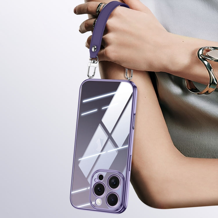 For iPhone 16 Pro Max SULADA  Electroplated Clear TPU Soft Frame Phone Case with Wrist Strap(Purple) - free shipping - PMC Jewellery - Order now!
