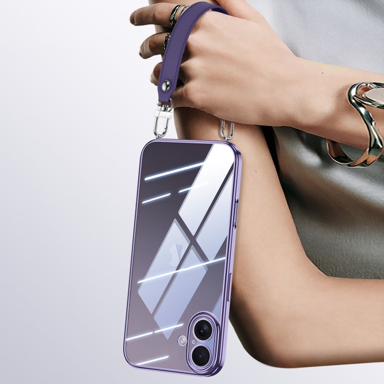 For iPhone 16 Plus SULADA  Electroplated Clear TPU Soft Frame Phone Case with Wrist Strap(Purple) - iPhone 16 Plus Cases by SULADA | Online Shopping South Africa | PMC Jewellery | Buy Now Pay Later Mobicred