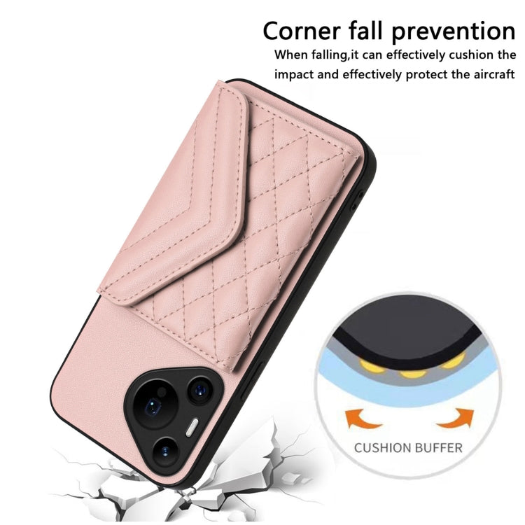 For Huawei Pura 70 Pro / 70 Pro+ Rhombic Texture Card Bag RFID Phone Case with Long Lanyard(Rose Gold) - Huawei Cases by PMC Jewellery | Online Shopping South Africa | PMC Jewellery | Buy Now Pay Later Mobicred