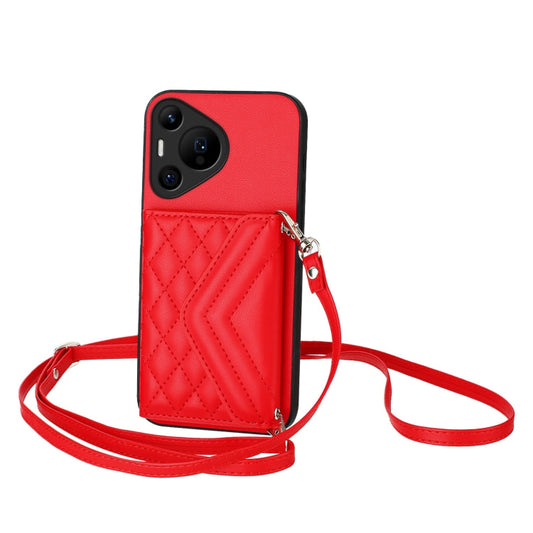 For Huawei Pura 70 Pro / 70 Pro+ Rhombic Texture Card Bag RFID Phone Case with Long Lanyard(Red) - Huawei Cases by PMC Jewellery | Online Shopping South Africa | PMC Jewellery | Buy Now Pay Later Mobicred