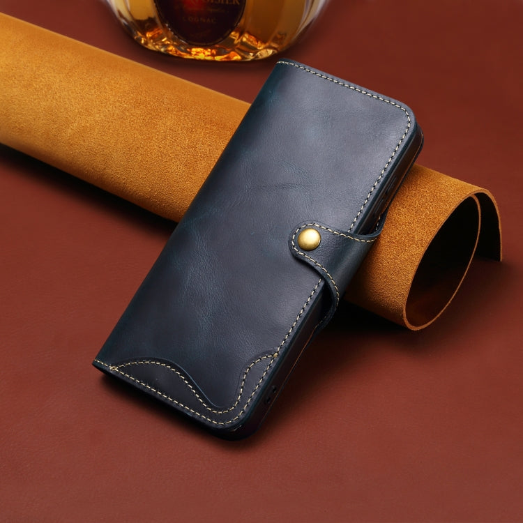 For iPhone 16 Pro Max Denior B01 Oil Wax Cowhide Magnetic Button Genuine Leather Case(Blue) - free shipping - PMC Jewellery - Order now!