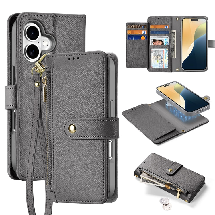 For iPhone 16 Plus DUX DUCIS Lawa Series 2 in 1 Wallet Zipper Detachable MagSafe Phone Case with Lanyard(Grey) - iPhone 16 Plus Cases by DUX DUCIS | Online Shopping South Africa | PMC Jewellery | Buy Now Pay Later Mobicred