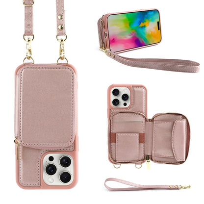 For iPhone 16 Pro Crossbody Zipper Wallet Bag Leather Phone Case with Lanyard(Rose Gold) - iPhone 16 Pro Cases by PMC Jewellery | Online Shopping South Africa | PMC Jewellery | Buy Now Pay Later Mobicred