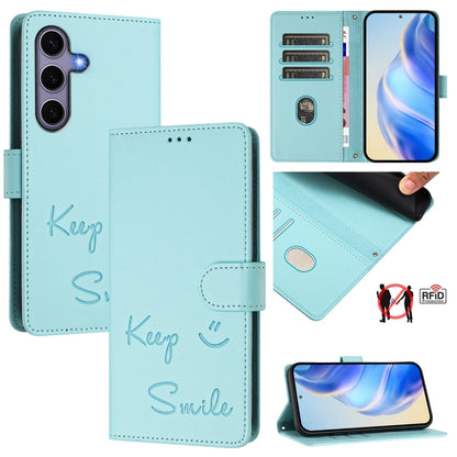 For Samsung Galaxy S25 5G Smile Embossing RFID Leather Phone Case(Mint Green) - Galaxy S25 5G Cases by PMC Jewellery | Online Shopping South Africa | PMC Jewellery | Buy Now Pay Later Mobicred