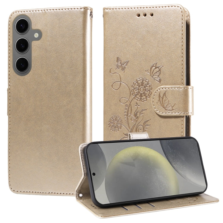 For Samsung Galaxy S25 5G Embossed Butterfly Flowers Leather Phone Case(Gold) - Galaxy S25 5G Cases by PMC Jewellery | Online Shopping South Africa | PMC Jewellery | Buy Now Pay Later Mobicred