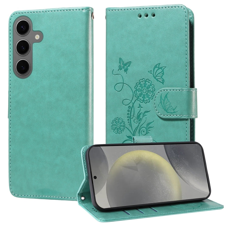 For Samsung Galaxy S25 5G Embossed Butterfly Flowers Leather Phone Case(Green) - Galaxy S25 5G Cases by PMC Jewellery | Online Shopping South Africa | PMC Jewellery | Buy Now Pay Later Mobicred