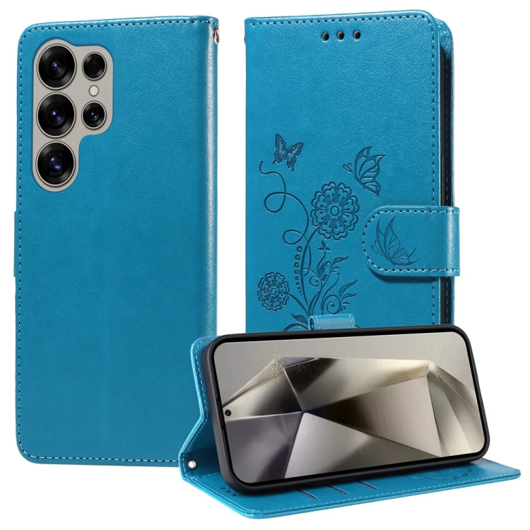 For Samsung Galaxy S25 Ultra 5G Embossed Butterfly Flowers Leather Phone Case(Blue) - Galaxy S25 Ultra 5G Cases by PMC Jewellery | Online Shopping South Africa | PMC Jewellery | Buy Now Pay Later Mobicred