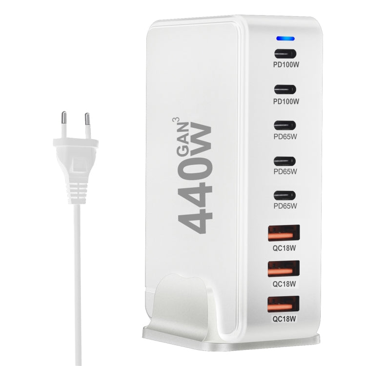 440W GaN USB Power Adapter Travel Charger with 3 x USB, 5 x PD Port, Plug:EU Plug(White) - Multifunction Charger by PMC Jewellery | Online Shopping South Africa | PMC Jewellery | Buy Now Pay Later Mobicred