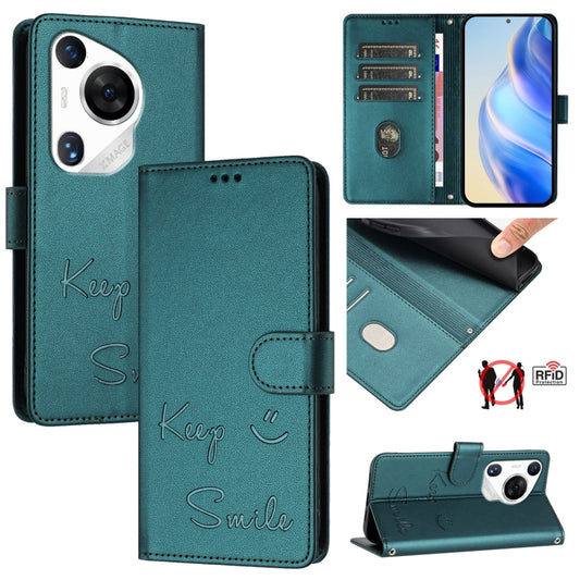 For Huawei Pura 70 Pro Smile Embossing RFID Leather Phone Case(Peacock Green) - Huawei Cases by PMC Jewellery | Online Shopping South Africa | PMC Jewellery | Buy Now Pay Later Mobicred