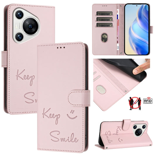 For Huawei Pura 70 Smile Embossing RFID Leather Phone Case(Pink) - Huawei Cases by PMC Jewellery | Online Shopping South Africa | PMC Jewellery | Buy Now Pay Later Mobicred