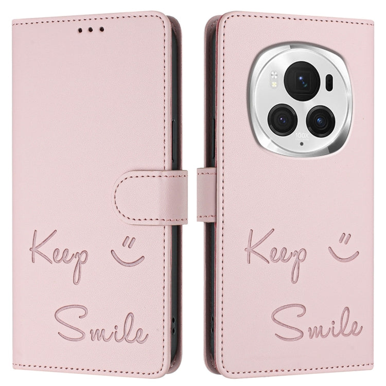 For Honor Magic6 Pro 5G Global Smile Embossing RFID Leather Phone Case(Pink) - Honor Cases by PMC Jewellery | Online Shopping South Africa | PMC Jewellery | Buy Now Pay Later Mobicred