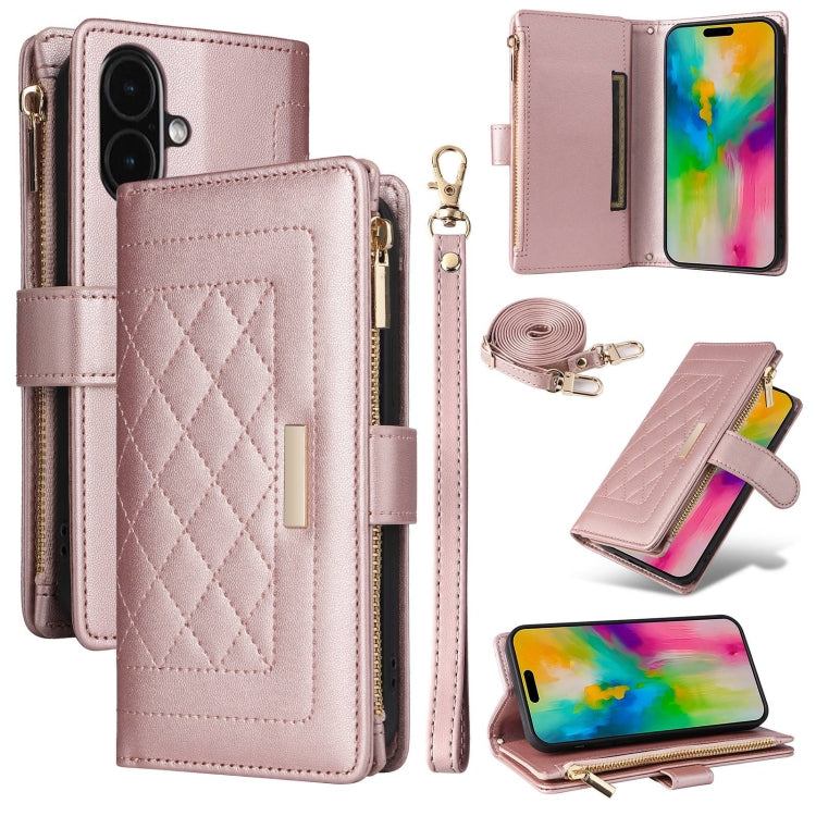 For iPhone 16 Plus Crossbody Zipper Wallet Rhombus Leather Phone Case(Rose Gold) - iPhone 16 Plus Cases by PMC Jewellery | Online Shopping South Africa | PMC Jewellery | Buy Now Pay Later Mobicred