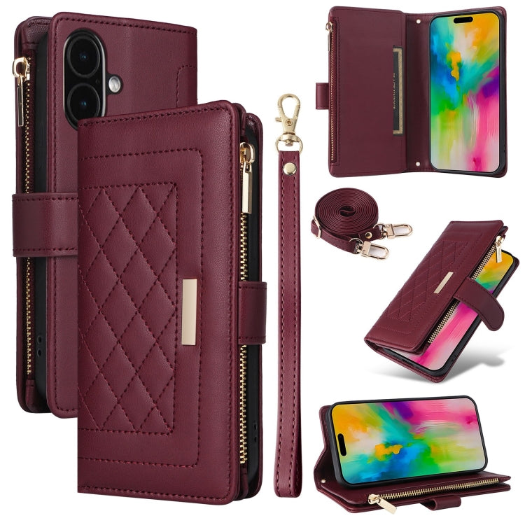 For iPhone 16 Plus Crossbody Zipper Wallet Rhombus Leather Phone Case(Wine Red) - iPhone 16 Plus Cases by PMC Jewellery | Online Shopping South Africa | PMC Jewellery | Buy Now Pay Later Mobicred