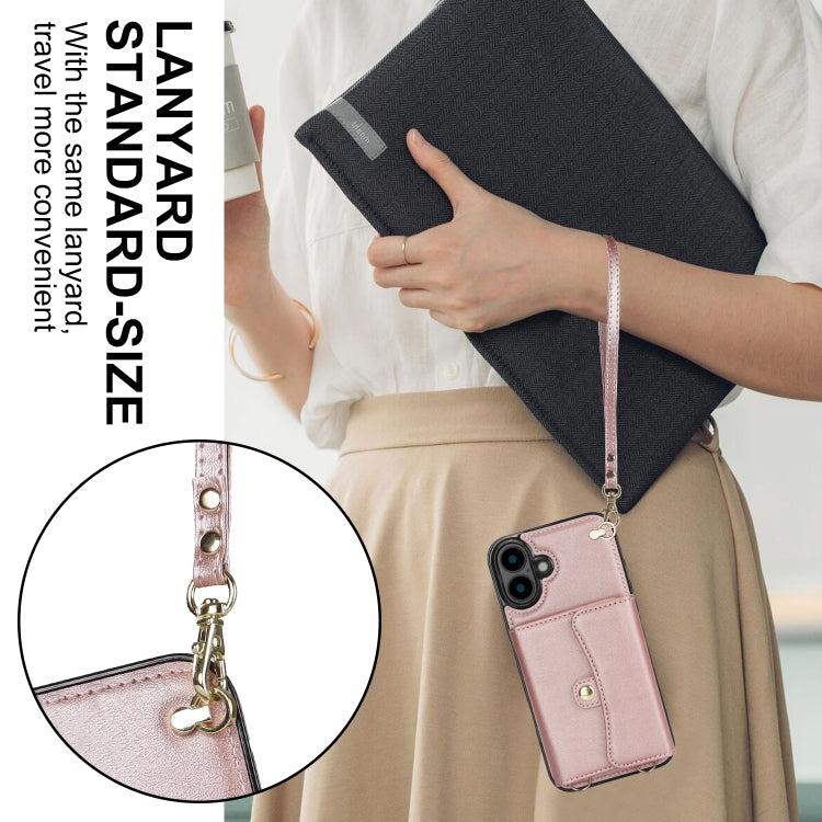 For iPhone 16 RFID Card Slot Phone Case with Long Lanyard(Rose Gold) - iPhone 16 Cases by PMC Jewellery | Online Shopping South Africa | PMC Jewellery | Buy Now Pay Later Mobicred