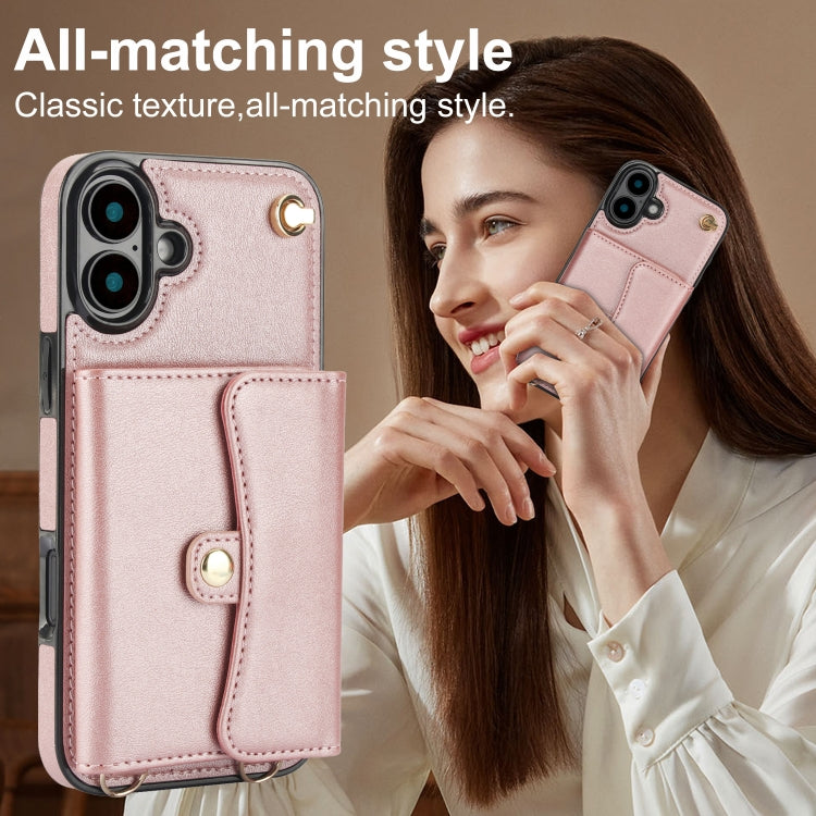 For iPhone 16 RFID Card Slot Phone Case with Long Lanyard(Rose Gold) - iPhone 16 Cases by PMC Jewellery | Online Shopping South Africa | PMC Jewellery | Buy Now Pay Later Mobicred