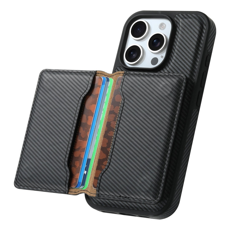 For iPhone 16 Plus Denior Carbon Fiber Texture Leather Card Bag MagSafe Phone Case(Black) - iPhone 16 Plus Cases by Denior | Online Shopping South Africa | PMC Jewellery | Buy Now Pay Later Mobicred