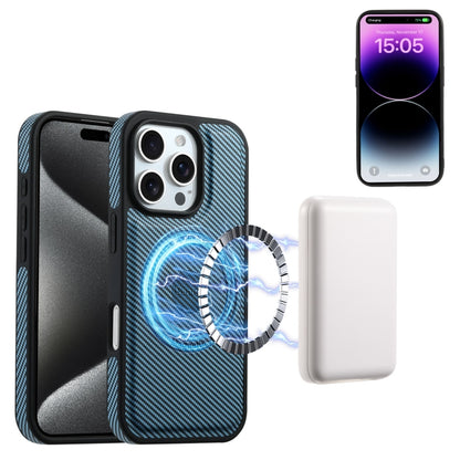 For iPhone 16 Plus Denior Carbon Fiber Texture Leather Card Bag MagSafe Phone Case(Blue) - iPhone 16 Plus Cases by Denior | Online Shopping South Africa | PMC Jewellery | Buy Now Pay Later Mobicred