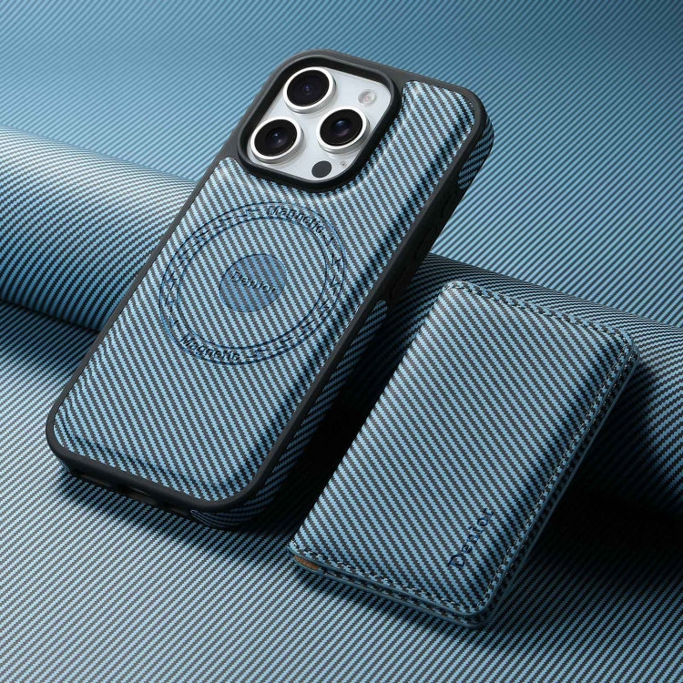 For iPhone 16 Plus Denior Carbon Fiber Texture Leather Card Bag MagSafe Phone Case(Blue) - iPhone 16 Plus Cases by Denior | Online Shopping South Africa | PMC Jewellery | Buy Now Pay Later Mobicred