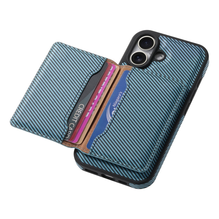 For iPhone 16 Denior Carbon Fiber Texture Leather Card Bag MagSafe Phone Case(Blue) - iPhone 16 Cases by Denior | Online Shopping South Africa | PMC Jewellery | Buy Now Pay Later Mobicred