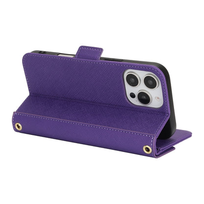 For iPhone 16 Pro Cross Texture Crossbody Lanyard Leather Phone Case(Purple) - iPhone 16 Pro Cases by PMC Jewellery | Online Shopping South Africa | PMC Jewellery | Buy Now Pay Later Mobicred