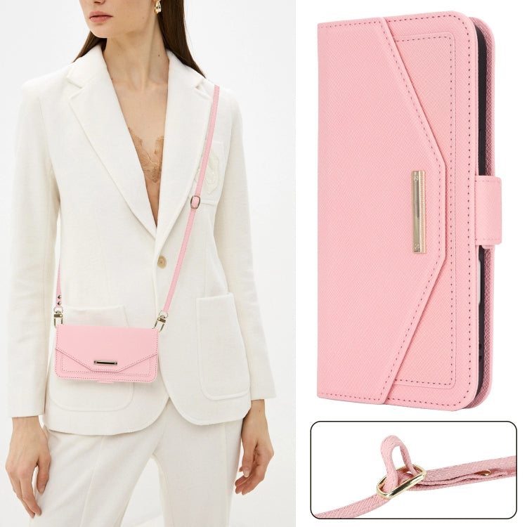 For iPhone 16 Pro Cross Texture Crossbody Lanyard Leather Phone Case(Pink) - iPhone 16 Pro Cases by PMC Jewellery | Online Shopping South Africa | PMC Jewellery | Buy Now Pay Later Mobicred