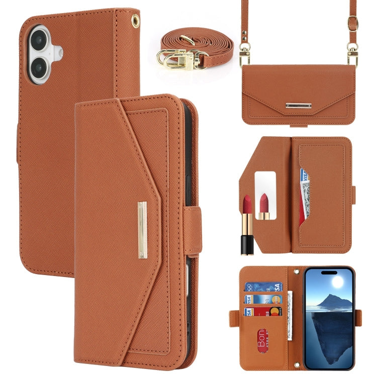 For iPhone 16 Plus Cross Texture Crossbody Lanyard Leather Phone Case(Brown) - iPhone 16 Plus Cases by PMC Jewellery | Online Shopping South Africa | PMC Jewellery | Buy Now Pay Later Mobicred