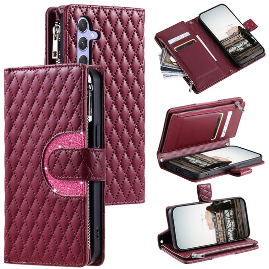 For Samsung Galaxy S25 5G Glitter Lattice Zipper Wallet Leather Phone Case(Wine Red) - Galaxy S25 5G Cases by PMC Jewellery | Online Shopping South Africa | PMC Jewellery | Buy Now Pay Later Mobicred