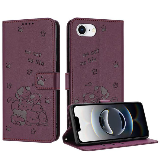 For iPhone 16e Embossed Kitten Phone Leather Case with Lanyard(Wine Red) - iPhone 16e Cases by PMC Jewellery | Online Shopping South Africa | PMC Jewellery | Buy Now Pay Later Mobicred