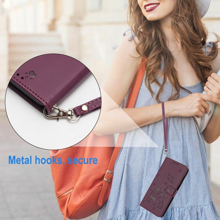 For iPhone 16e Embossed Kitten Phone Leather Case with Lanyard(Wine Red) - iPhone 16e Cases by PMC TechLife | Online Shopping South Africa | PMC TechLife | Buy Now Pay Later Mobicred