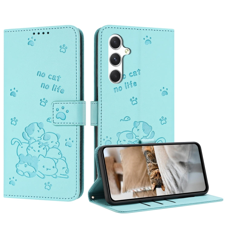 For Samsung Galaxy S25+ / S24+ 5G Embossed Kitten Phone Leather Case with Lanyard(Mint Green) - Galaxy S24+ 5G Cases by PMC Jewellery | Online Shopping South Africa | PMC Jewellery | Buy Now Pay Later Mobicred