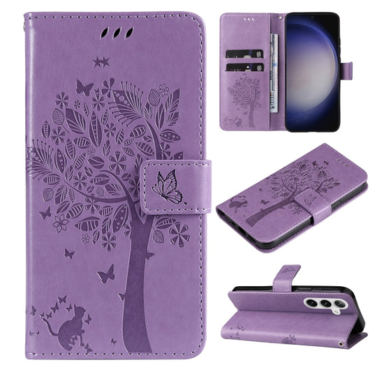 For Samsung Galaxy S25 / S24 5G Tree & Cat Embossed Pattern Flip Leather Phone Case(Light Purple) - Galaxy S25 5G Cases by PMC Jewellery | Online Shopping South Africa | PMC Jewellery | Buy Now Pay Later Mobicred