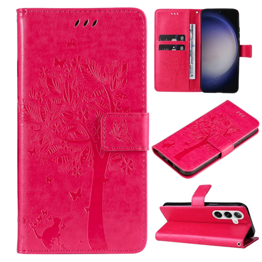 For Samsung Galaxy S25 / S24 5G Tree & Cat Embossed Pattern Flip Leather Phone Case(Rose Red) - Galaxy S25 5G Cases by PMC Jewellery | Online Shopping South Africa | PMC Jewellery | Buy Now Pay Later Mobicred