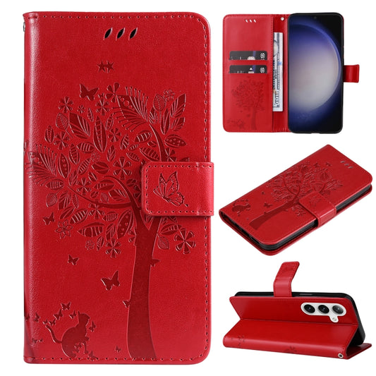 For Samsung Galaxy S25+ / S24+ 5G Tree & Cat Embossed Pattern Flip Leather Phone Case(Red) - Galaxy S25+ 5G Cases by PMC Jewellery | Online Shopping South Africa | PMC Jewellery | Buy Now Pay Later Mobicred