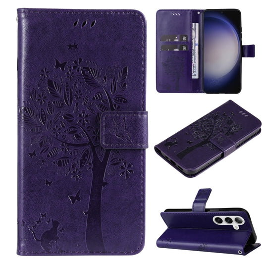 For Samsung Galaxy S25+ / S24+ 5G Tree & Cat Embossed Pattern Flip Leather Phone Case(Purple) - Galaxy S25+ 5G Cases by PMC Jewellery | Online Shopping South Africa | PMC Jewellery | Buy Now Pay Later Mobicred