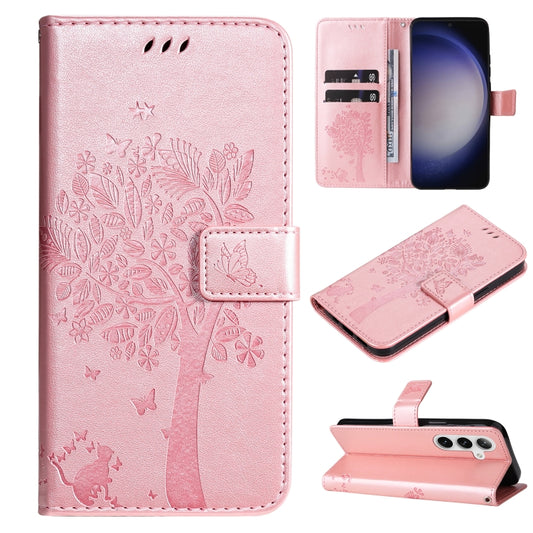 For Samsung Galaxy S25+ / S24+ 5G Tree & Cat Embossed Pattern Flip Leather Phone Case(Rose Gold) - Galaxy S25+ 5G Cases by PMC Jewellery | Online Shopping South Africa | PMC Jewellery | Buy Now Pay Later Mobicred