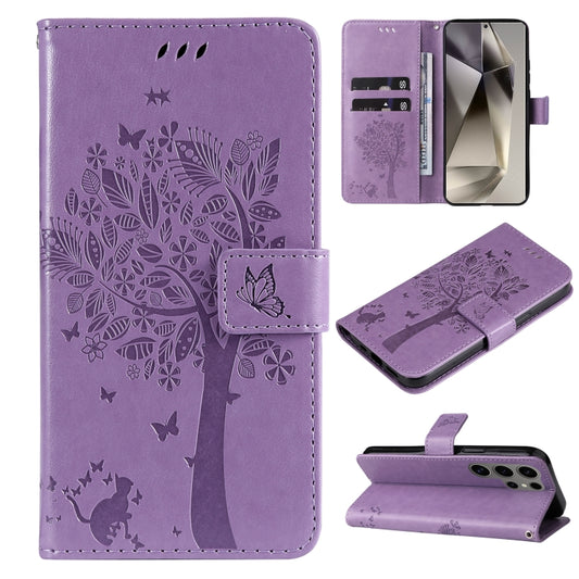 For Samsung Galaxy S25 Ultra 5G Tree & Cat Embossed Pattern Flip Leather Phone Case(Light Purple) - Galaxy S25 Ultra 5G Cases by PMC Jewellery | Online Shopping South Africa | PMC Jewellery | Buy Now Pay Later Mobicred