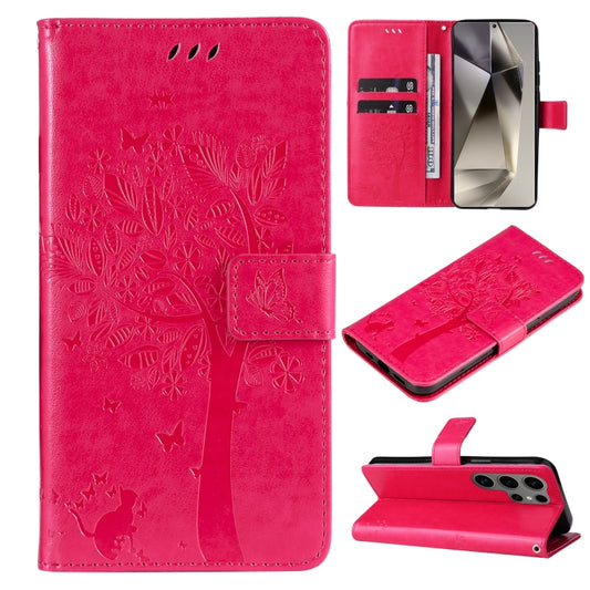 For Samsung Galaxy S25 Ultra 5G Tree & Cat Embossed Pattern Flip Leather Phone Case(Rose Red) - Galaxy S25 Ultra 5G Cases by PMC Jewellery | Online Shopping South Africa | PMC Jewellery | Buy Now Pay Later Mobicred