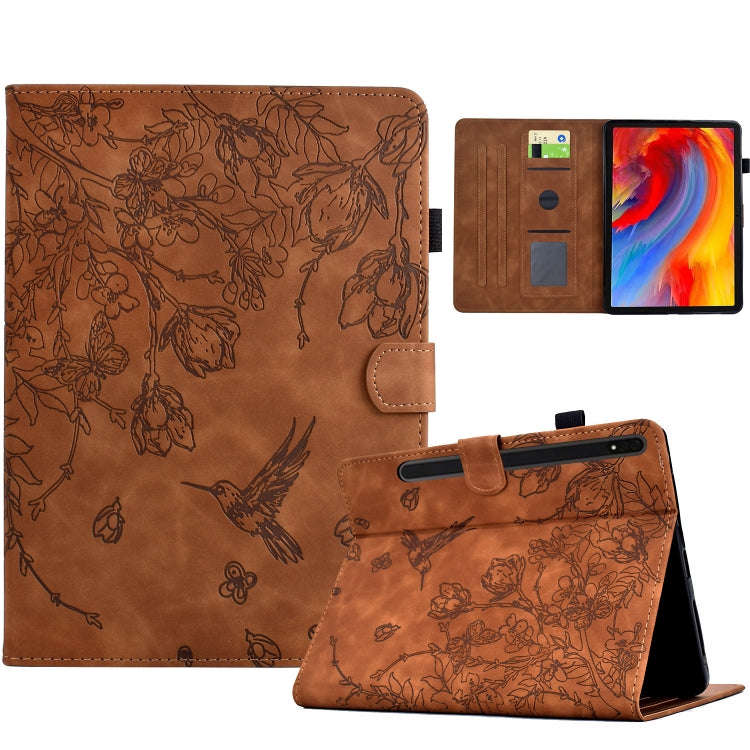 For Samsung Galaxy Tab S9 Flowers and Bird Embossed Smart Leather Tablet Case(Brown) - Galaxy Tab S9 Cases by PMC Jewellery | Online Shopping South Africa | PMC Jewellery | Buy Now Pay Later Mobicred