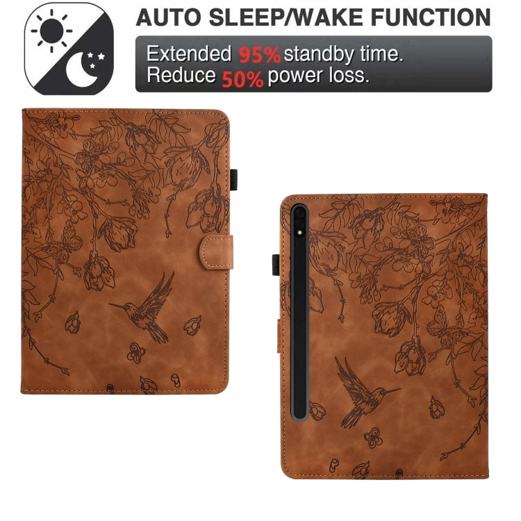 For Samsung Galaxy Tab S9 Flowers and Bird Embossed Smart Leather Tablet Case(Brown) - Galaxy Tab S9 Cases by PMC Jewellery | Online Shopping South Africa | PMC Jewellery | Buy Now Pay Later Mobicred