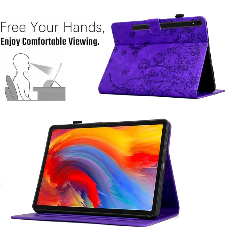 For Samsung Galaxy Tab S9 Flowers and Bird Embossed Smart Leather Tablet Case(Purple) - Galaxy Tab S9 Cases by PMC Jewellery | Online Shopping South Africa | PMC Jewellery | Buy Now Pay Later Mobicred