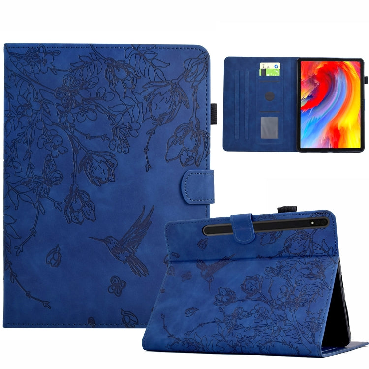 For Samsung Galaxy Tab S9 Flowers and Bird Embossed Smart Leather Tablet Case(Dark Blue) - Galaxy Tab S9 Cases by PMC Jewellery | Online Shopping South Africa | PMC Jewellery | Buy Now Pay Later Mobicred