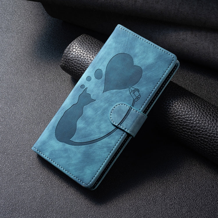 For Samsung Galaxy S25 5G Pen Heart Cat Embossed Leather Phone Case(Blue) - Galaxy S25 5G Cases by PMC TechLife | Online Shopping South Africa | PMC TechLife | Buy Now Pay Later Mobicred
