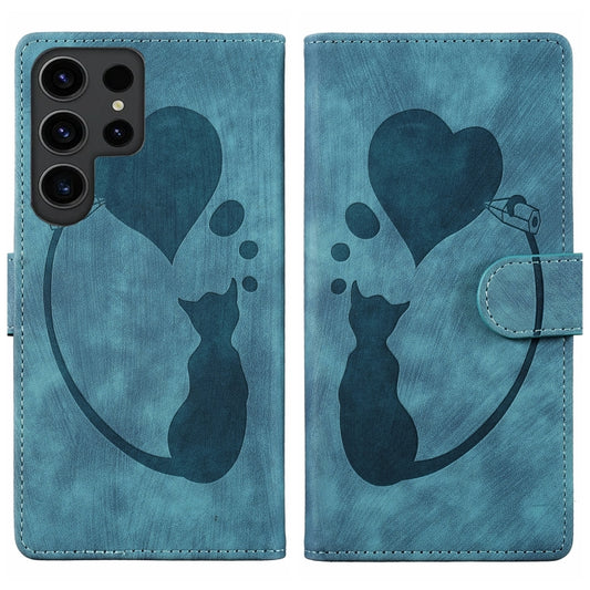 For Samsung Galaxy S25 Ultra 5G Pen Heart Cat Embossed Leather Phone Case(Blue) - Galaxy S25 Ultra 5G Cases by PMC Jewellery | Online Shopping South Africa | PMC Jewellery | Buy Now Pay Later Mobicred