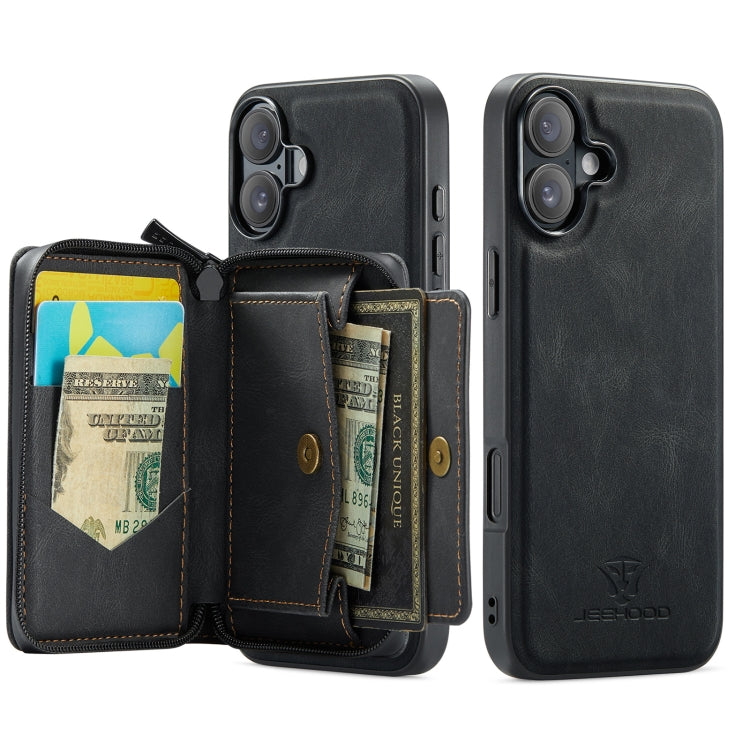 For iPhone 16 JEEHOOD J02 Magnetic Zipper Horizontal Flip Leather Phone Case(Black) - free shipping - PMC Jewellery - Order now!