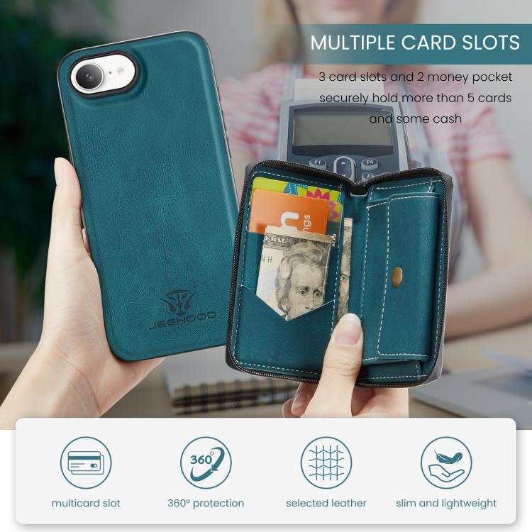 For iPhone 16e JEEHOOD J02 Magnetic Zipper Horizontal Flip Leather Phone Case(Blue) - free shipping - PMc TechLife - Order now!