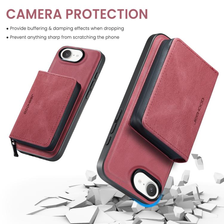 For iPhone 16e JEEHOOD J02 Magnetic Zipper Horizontal Flip Leather Phone Case(Red) - free shipping - PMc TechLife - Order now!