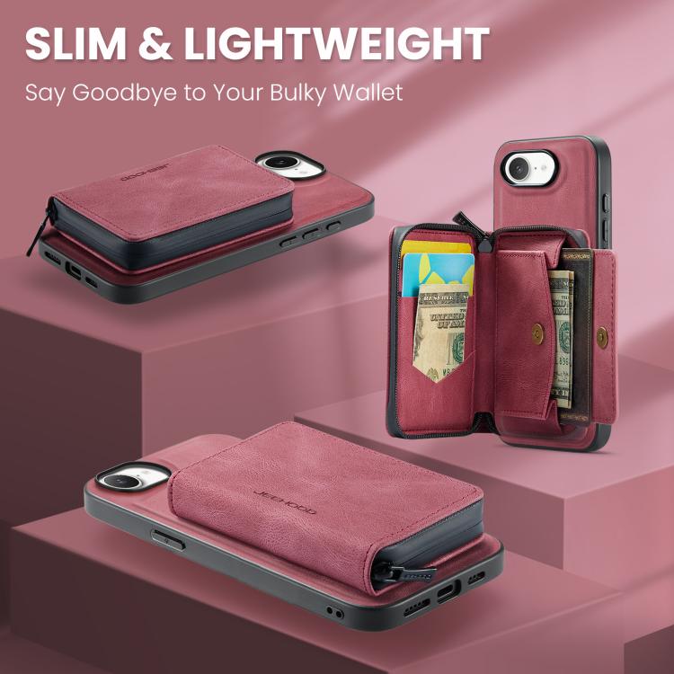 For iPhone 16e JEEHOOD J02 Magnetic Zipper Horizontal Flip Leather Phone Case(Red) - free shipping - PMc TechLife - Order now!