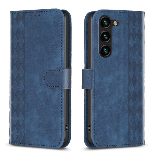 For Samsung Galaxy S25 5G Plaid Embossed Leather Phone Case(Blue) - Galaxy S25 5G Cases by PMC Jewellery | Online Shopping South Africa | PMC Jewellery | Buy Now Pay Later Mobicred