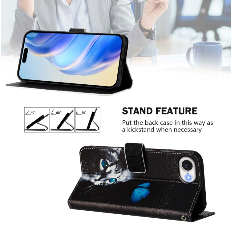 For iPhone 16e Art Colored Drawing Pattern Leather Phone Case(Butterfly cat) - iPhone 16e Cases by PMC TechLife | Online Shopping South Africa | PMC TechLife | Buy Now Pay Later Mobicred